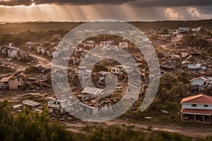 neighborhood and houses destroyed by tornado at sunset near the sea illustration