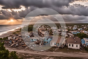 neighborhood and houses destroyed by tornado at sunset near the sea illustration