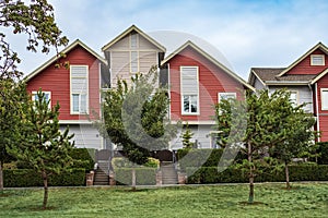 Neighborhood modern houses in BC Canada. Canadian modern residential architecture. Facade of the house