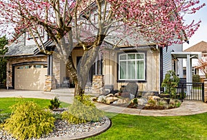 Neighborhood modern houses with spring flowers in patio in BC, Canada