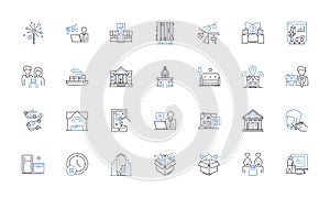 Neighborhood spaces line icons collection. Sidewalks, Parks, Streets, Alleys, Playgrounds, Plazas, Lanes vector and photo