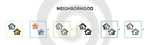 Neighborhood vector icon in 6 different modern styles. Black, two colored neighborhood icons designed in filled, outline, line and