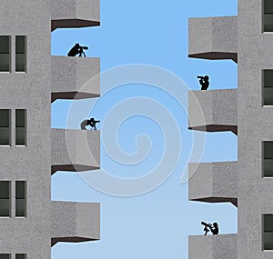 Neighborhood watch is the theme as people with cameras, telescopes and binoculars watch each other from the balconies,