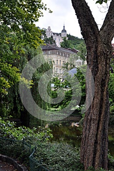 Neighborhoods of residential buildings near hot healing springs in the historical part of Karlovy Vary