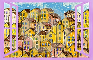 Neighborly relationships concept image with housing view from a apartment window