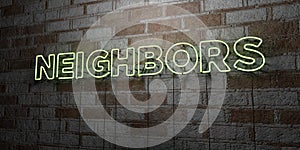 NEIGHBORS - Glowing Neon Sign on stonework wall - 3D rendered royalty free stock illustration