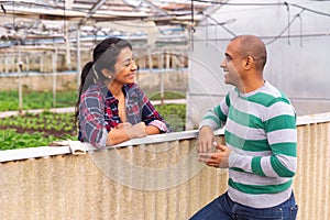 Neighbors have a conversation in greenhouse