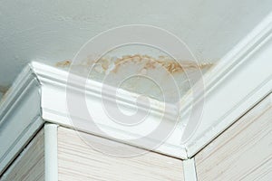 Neighbors have a water leak  water-damaged ceiling  close-up of a stain on the ceiling