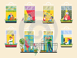 Neighbors people in house windows vector illustration, cartoon flat man woman characters in neighboring home apartments
