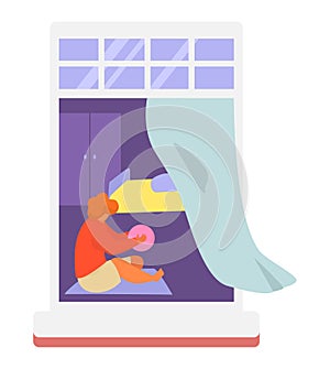 Neighbors people in window vector illustration, cartoon active man woman or couple characters live in neighboring home