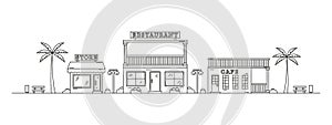 Neighbourhood Line Art. Monochrome horizontal cityscape with city street or district. Editable stroke. City landscape with cafe,