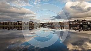 Neighbourhood Secret Garden in Kjoita seen from other side of the river Otra, in Kristiansand, Norway photo