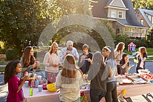 Neighbours talk and eat around a table at a block party photo