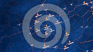 Neijiang map big data visualization. Futuristic map infographic of city in China. Visual map data complexity in modern