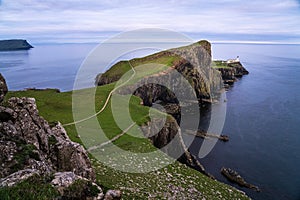 Neist Point Lighthouse, amazing tourist attraction, Scotland, UK