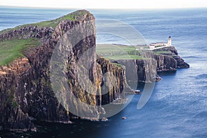 Neist Point Lighthouse, amazing tourist attraction, Scotland, UK