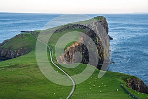 Neist Point Lighthouse, amazing tourist attraction, Scotland, UK