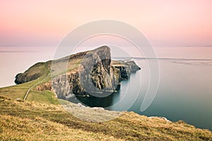 Neist Point Lighthouse - Isle of Skye, Scotland, beautiful cliffs of Highlands of Scotland at dusk