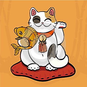 Neko talisman cat beckoning wealth with golden fish