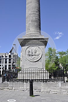 Montreal 26th June: Nelson Column details from Place Jaques Cartier of Montreal in Canada