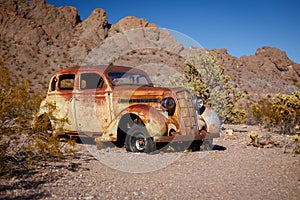 Nelson Ghost Town, Nevada, USA - 4 October, 2019: Abandoned classic cars in Nelson Ghost Town, Nelson Cutoff Rd, Searchlight