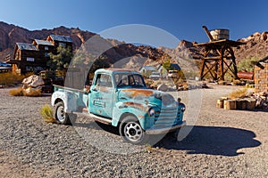 Nelson Ghost Town, Nevada, USA - 4 October, 2019: rusty abandoned old classic cars in Nelson Ghost Town, Nelson Cutoff Rd