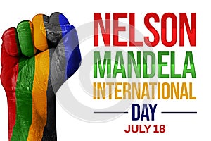 Nelson Mandela international day background with colorful fist and tyopgraphy on the side. Hand painted with South African flag photo