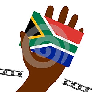 Nelson Mandela International Day. 18 July. Flag in hand of the Republic of South Africa. Broken chain