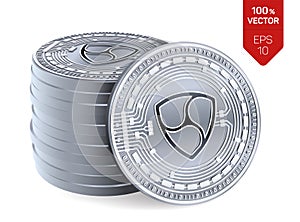 Nem. Crypto currency. 3D isometric Physical coins. Digital currency. Stack of silver coins with Nem symbol isolated on white