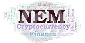 Nem cryptocurrency coin word cloud.