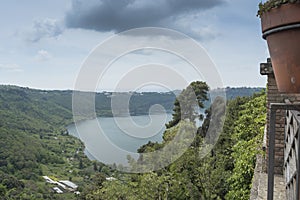 Nemi town in the Alban hills, Lazio, Italy. View from the historic center