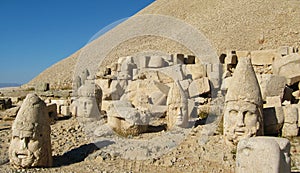 Nemrut Dag Milli Parki, Mount Nemrut with ancient statues heads of king anf Gods photo