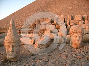 Nemrut Dag Milli Parki, Mount Nemrut with ancient statues heads of king anf Gods photo