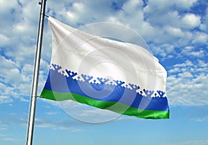 Nenets Autonomous District region of Russia Flag waving with sky on background realistic 3d illustration