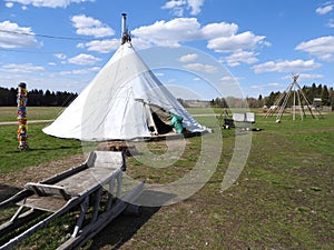 Nenets herders hut for the summer on a meadow, on a clear day