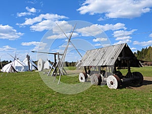 Nenets herders hut for the summer on a meadow, on a clear day