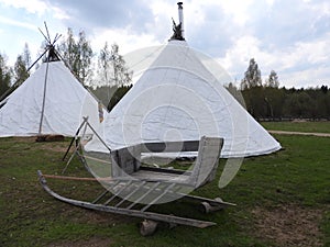 Nenets herders hut for the summer on a meadow, on a clear day