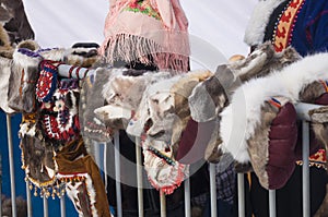 Nenets mittens from fur are selling in the winter street