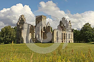 Neo-baroque building ruins of the Ungru manor, Estonia. ungru castle in Estonia. Abandoned Limestone building architecture