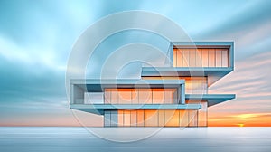 a Neo Brutalist building with sharp, angular lines, set against a dramatic sky