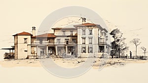 Neo-classical Figurative House Illustration With Architectural Influences