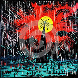 Neo Expressionism: A Dark Landscape With A Red Sun And Sky People