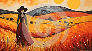 Neo-expressionism Painting: Peasant Girl Walking In Orange Field
