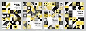 Neo geometric posters. Modern grid pattern with geometrical shapes. Abstract yellow, white and black backgrounds vector photo