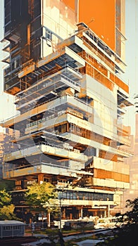 Neo-Impressionist Architectural Painting of Renzo Piano\'s Design. Perfect for Posters and Web. photo