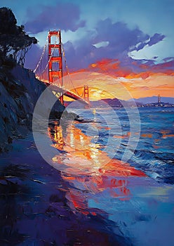 Golden Gate at Sunset: Neo-Impressionist Glow photo