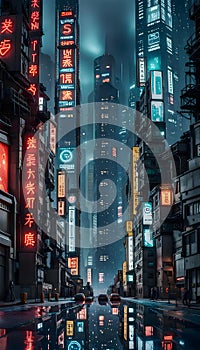 neo noir cyberpunk image of a rainy street in an asian city at night with illuminated neon signs reflected in the wet