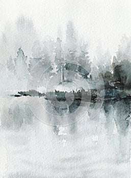 Neo-noir landscape. Blue river / lake / sea / ocean with mountains and forest in fog - hand drawn watercolor painting