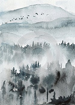 Neo-noir landscape. Blue valley with mountains and forest in fog - hand drawn watercolor painting photo