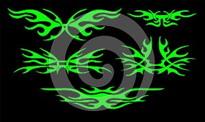 Neo tribal tattoo set, neon Celtic gothic cyber body ornament shapes kit, abstract Hawaiian sign. Maori sleeve symbol